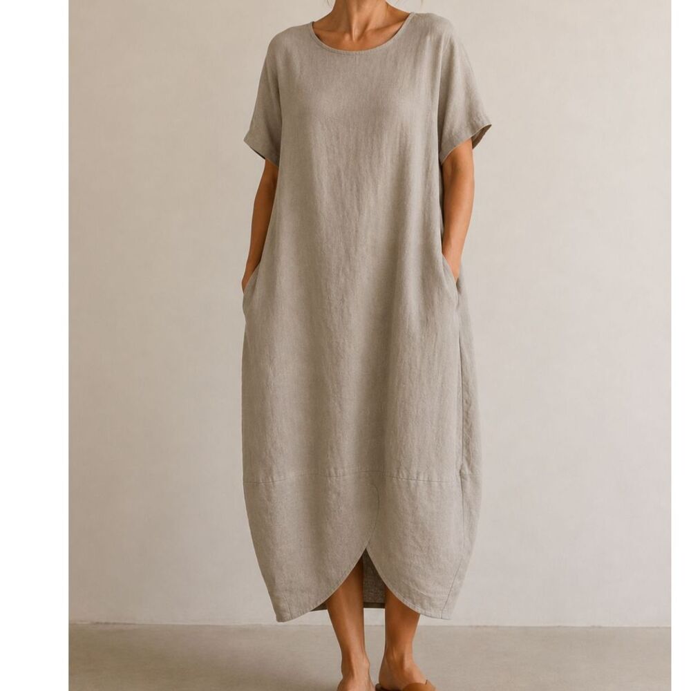 Camille + Co Linen Balloon Hem Lagenlook Boho Dress Taupe Size Small Oversized